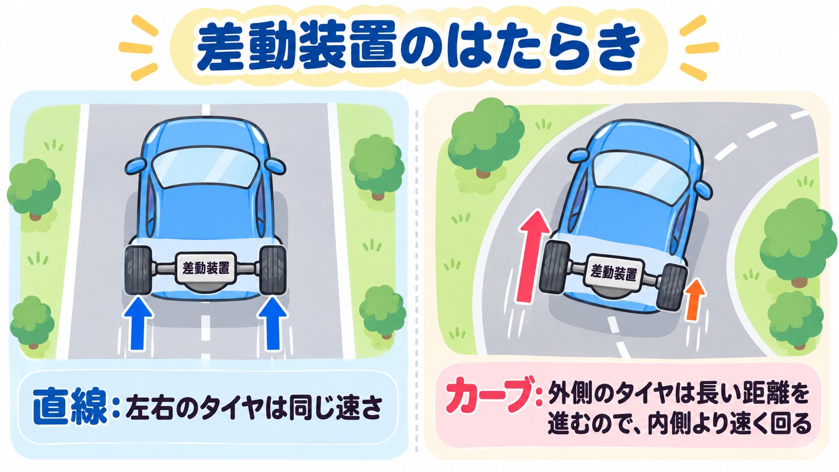 差動装置のはたらき。直線では、左右のタイヤが同じ速さで回る。カーブでは、外側のタイヤは長い距離を進むので、内側より速く回る