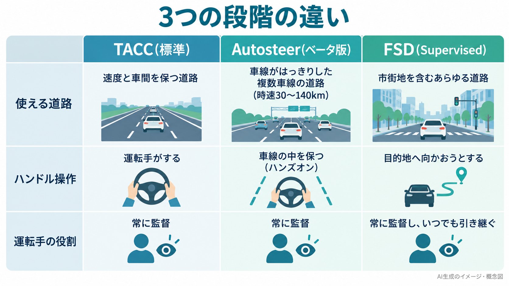 TACC、Autosteer、FSD(Supervised)の比較表のイメージ。使える道路、ハンドル操作、運転手の役割の違い。どれも運転手の監督が必要(AI生成のイメージ。公式の説明をもとにした概念図)