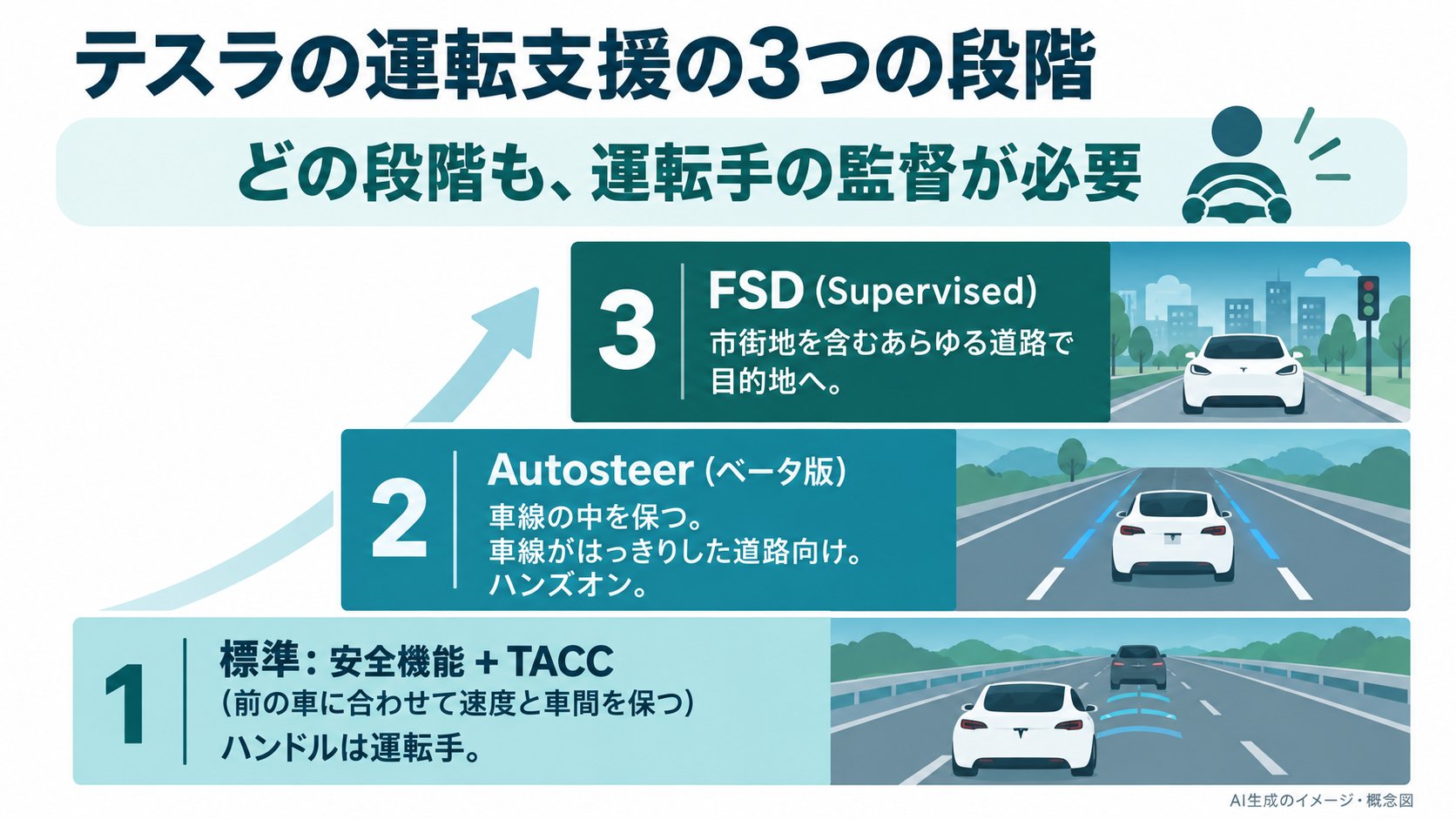 テスラの運転支援の3つの段階。下から、標準の安全機能とTraffic-Aware Cruise Control、Autosteer、Full Self-Driving (Supervised)の順に、できることが増える。どの段階も、運転手の監督が必要(AI生成のイメージ。公式の説明をもとにした概念図)