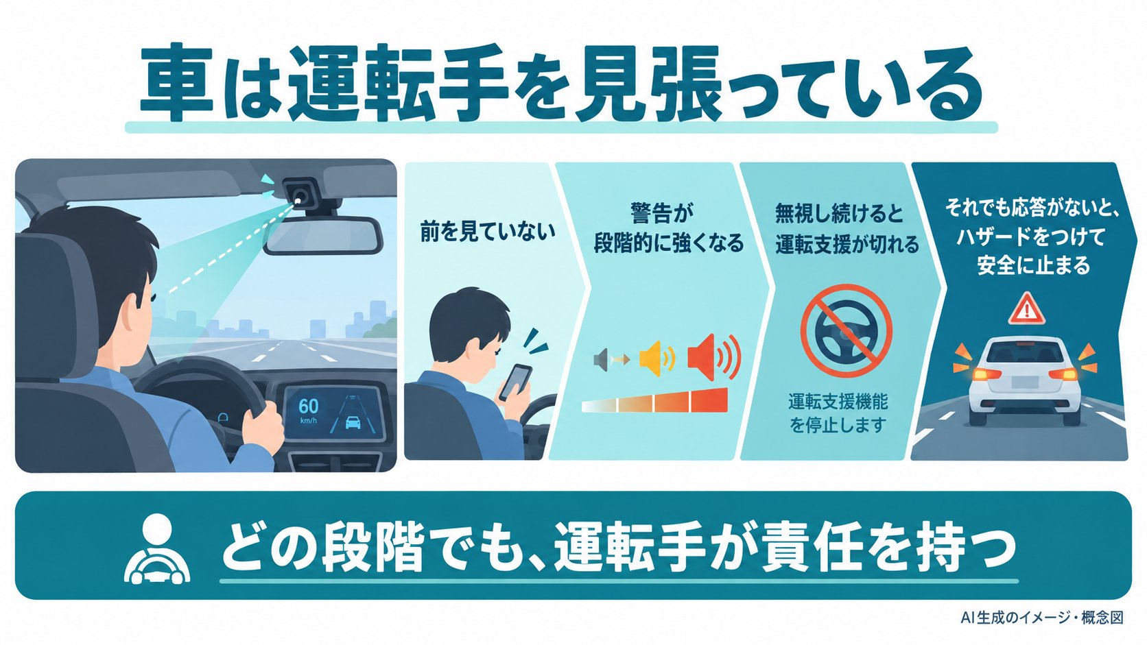 運転手の見張り役の仕組みのイメージ。車内カメラが運転手の目線を見て、ハンドルを持つ手の様子も確認する。前を見ていないと、段階的に強くなる警告が出て、無視し続けると運転支援が切れる(AI生成のイメージ。取扱説明書の記述をもとにした概念図)