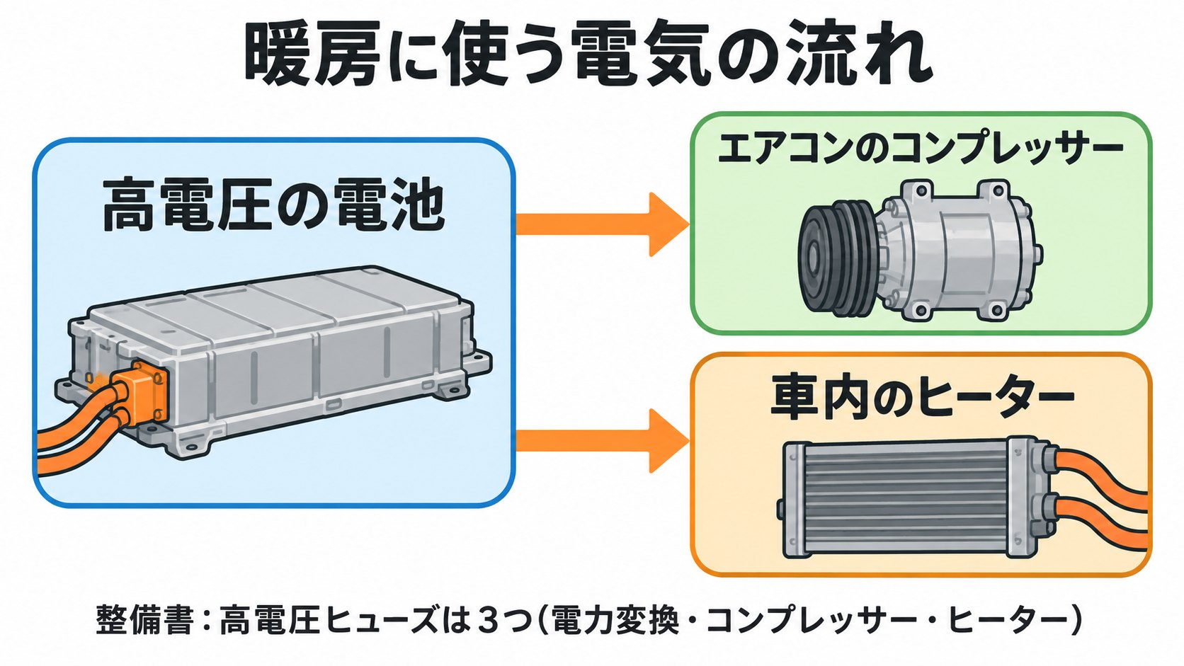 暖房の電気の流れのイメージ。電池から、コンプレッサーとヒーターへ(AI生成のイメージ。整備書の記述をもとにした概念図)