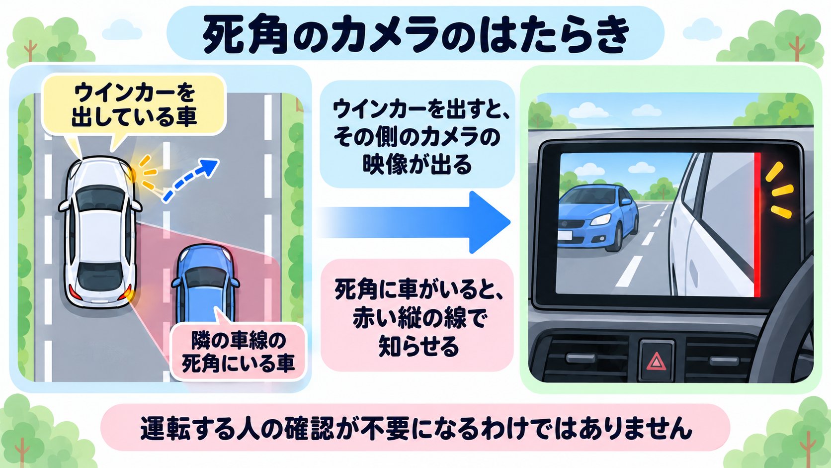 ブラインドスポットカメラ。ウインカーを出すと、その側のカメラの映像が画面に出る。隣の車線の死角に車がいると、赤い縦の線で知らせる(AI生成のイメージ。マニュアルによる)