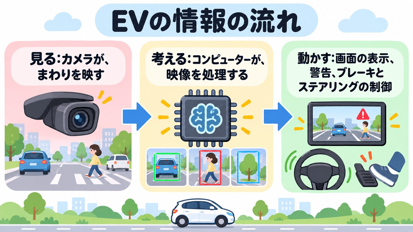テスラの情報の流れ。カメラの映像がコンピューターに送られ、画面の表示、警告、ブレーキやステアリングの制御につながる(AI生成のイメージ)
