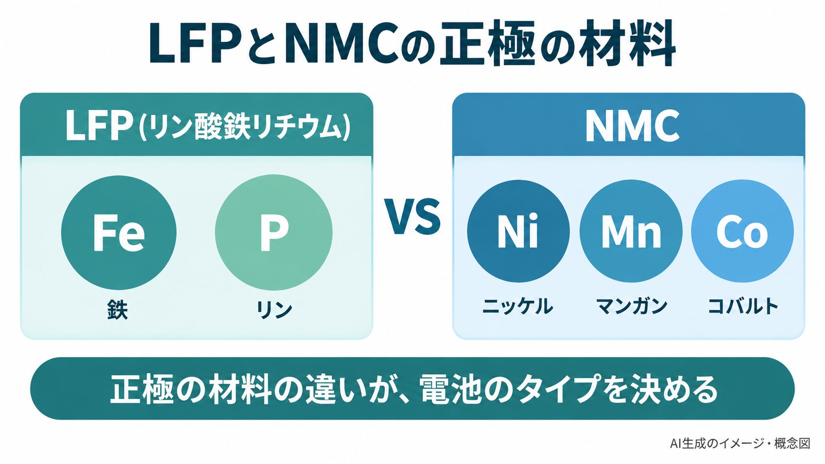 LFPとNMCの正極の材料の比較のイメージ。LFPは鉄とリン、NMCはニッケル、マンガン、コバルト(AI生成のイメージ。概念図で、実際の電池の内部構造とは異なります)