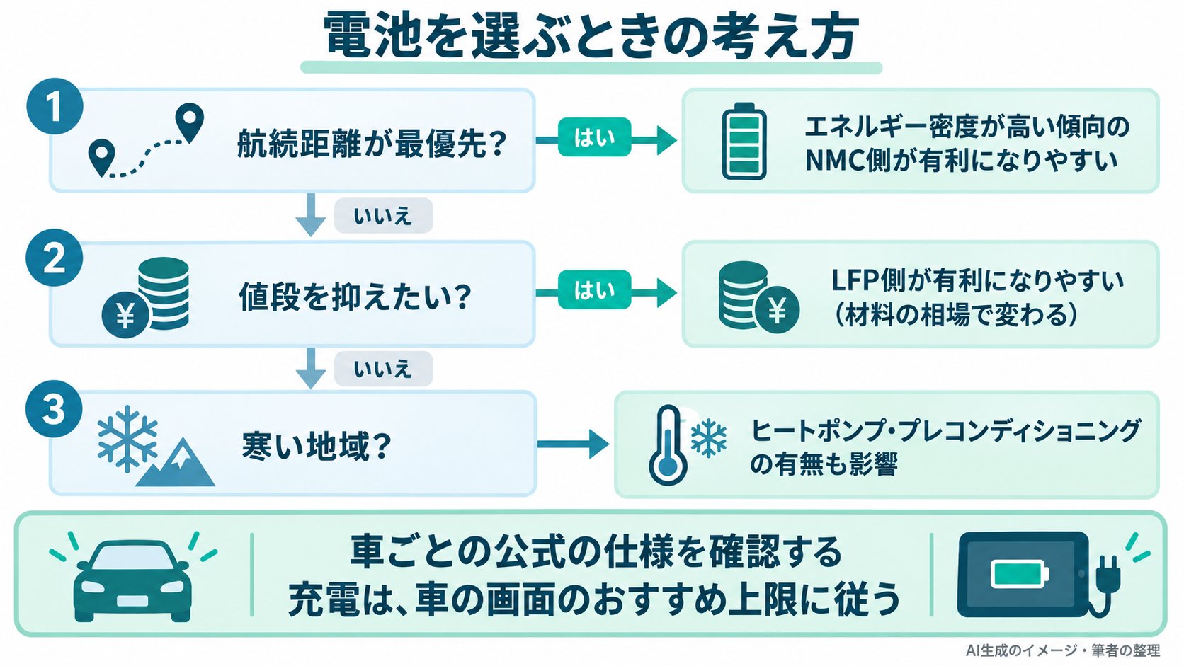 電池の選び方の考え方のイメージ。航続距離を重視するか、値段を重視するか、使う場所は寒いか。最終的には、車ごとの公式の仕様を確認する(AI生成のイメージ。筆者の整理をもとにした概念図)