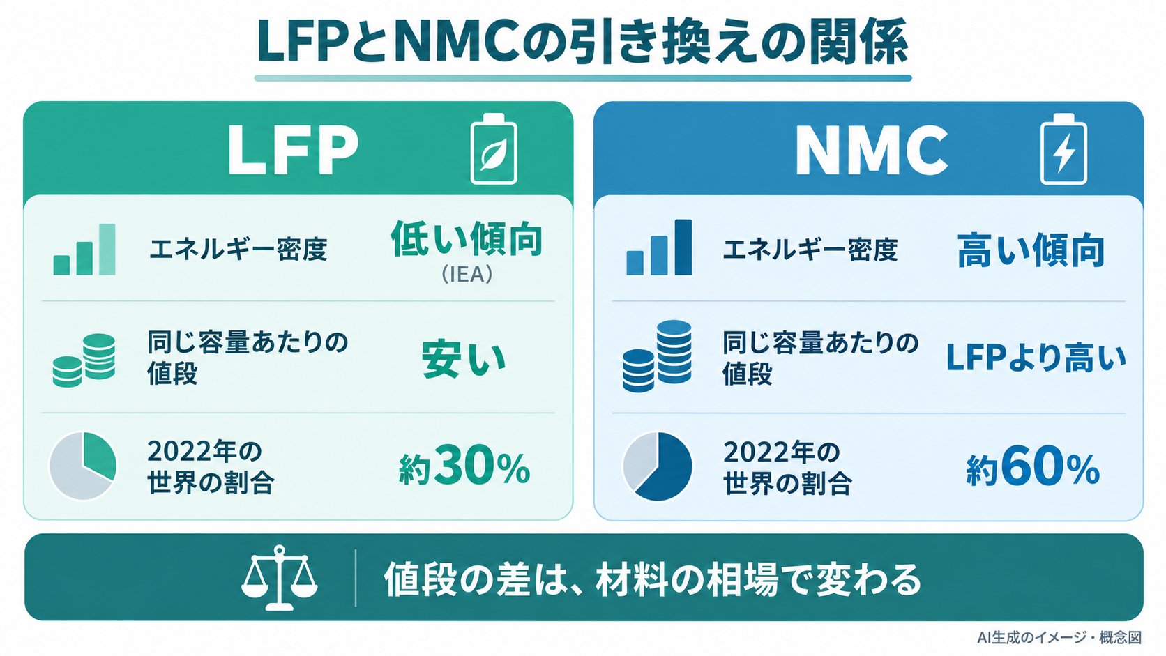 LFPとNMCの特徴の比較のイメージ。LFPは、エネルギー密度が低い傾向、値段が安い傾向。NMCは、エネルギー密度が高い傾向、値段が高い傾向。どちらも、数字は条件しだい(AI生成のイメージ。IEAの報告をもとにした概念図)