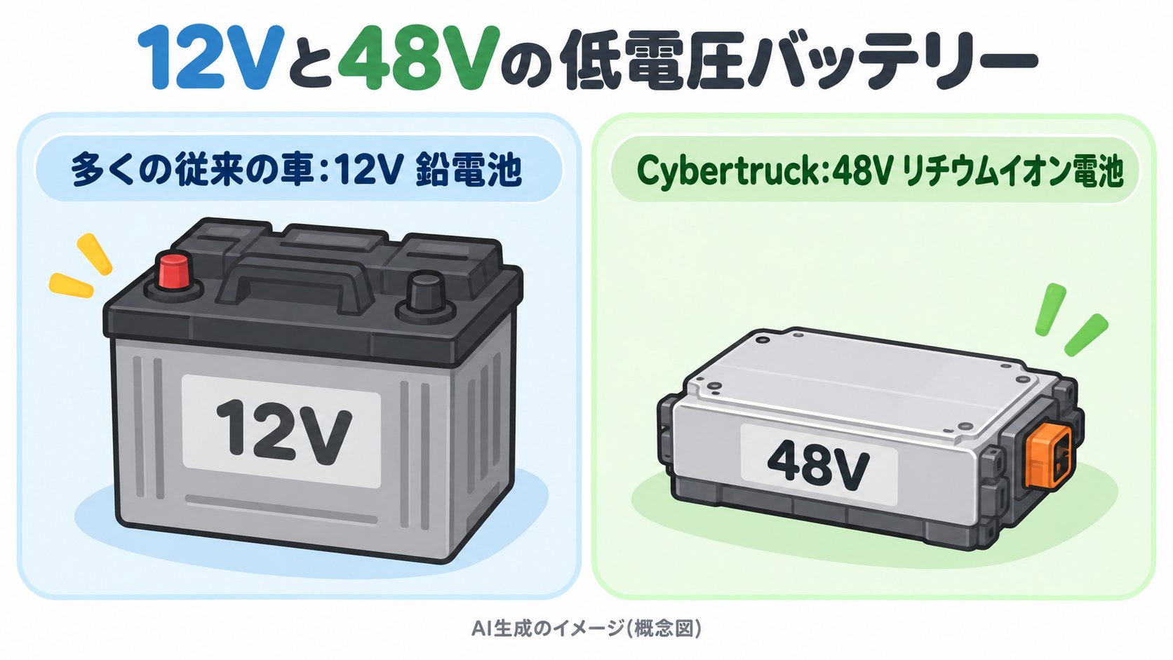 普通の車の12V鉛電池と、サイバートラックの48Vリチウムイオン電池の比較のイメージ(AI生成のイメージ。概念図)