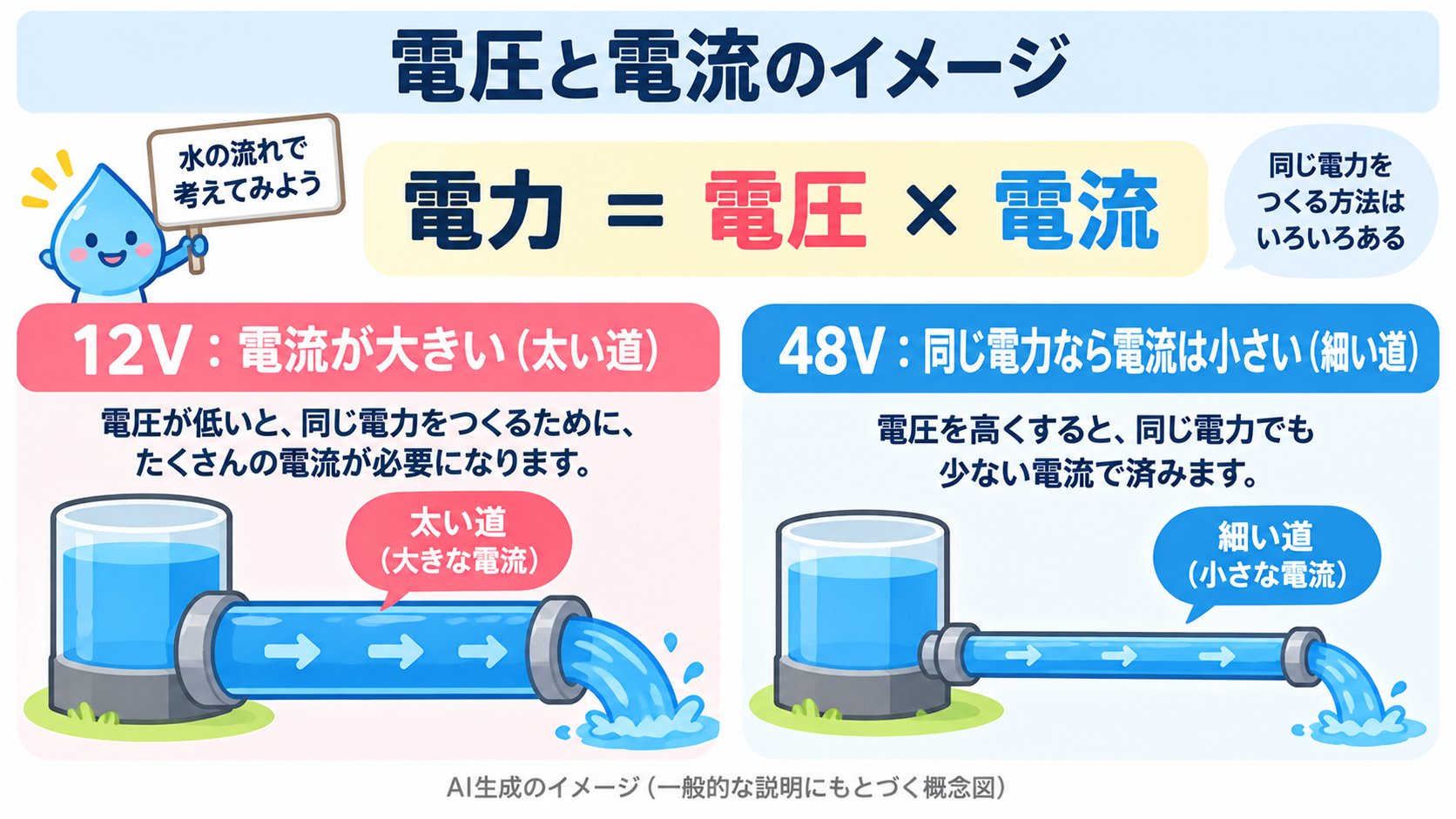 電力=電圧×電流の考え方。同じ電力でも、電圧が高いほど、電流は小さくできる(AI生成のイメージ。一般的な説明にもとづく概念図)