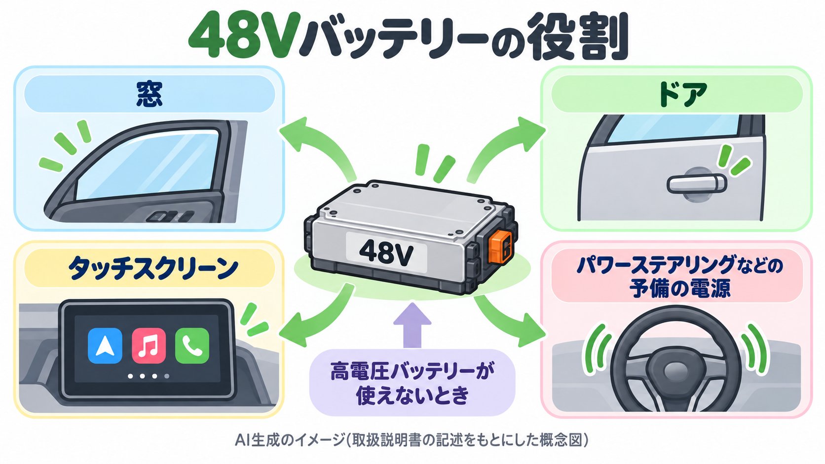 48Vの低電圧バッテリーが動かすもの。窓、ドア、タッチスクリーン。パワーステアリングなどの予備の電源にもなる(AI生成のイメージ。取扱説明書の記述をもとにした概念図)
