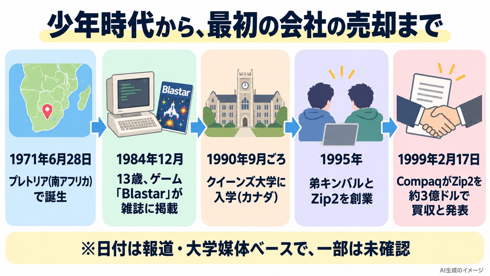 マスクの少年期からZip2売却までの年表。1971年6月28日誕生、1984年12月ゲームBlastarが雑誌に掲載、1990年9月クイーンズ大学に入学、1995年Zip2を創業、1999年2月CompaqがZip2を買収