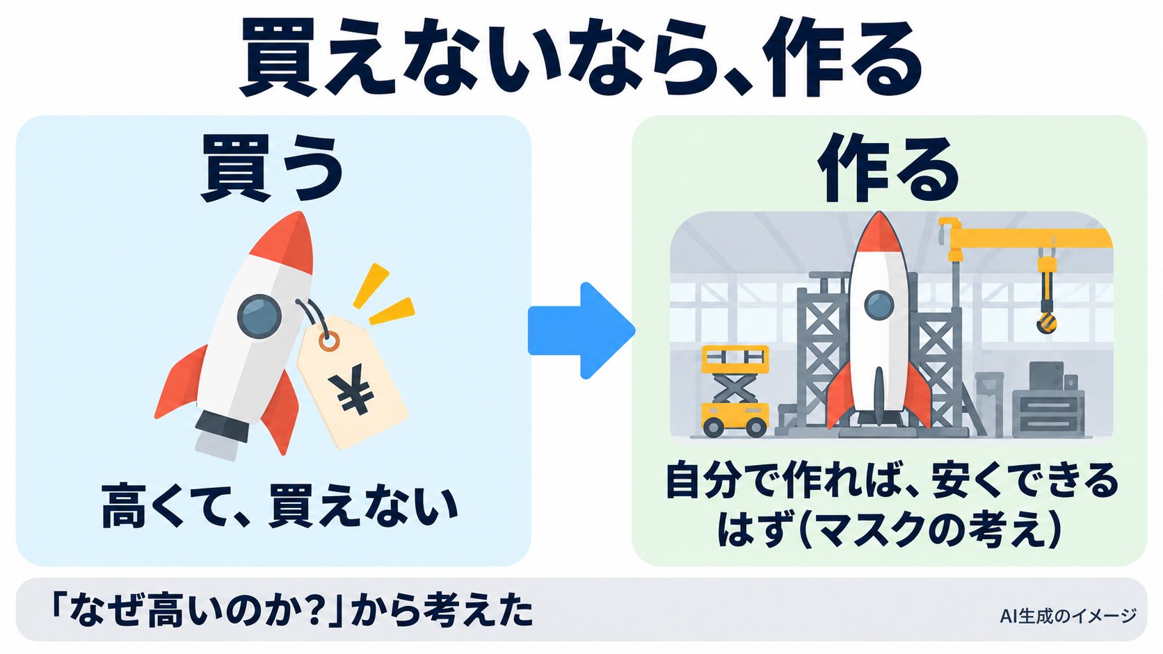 買う場合は高くて買えない。作る場合は自分で作れば安くできるはず、というマスクの考え