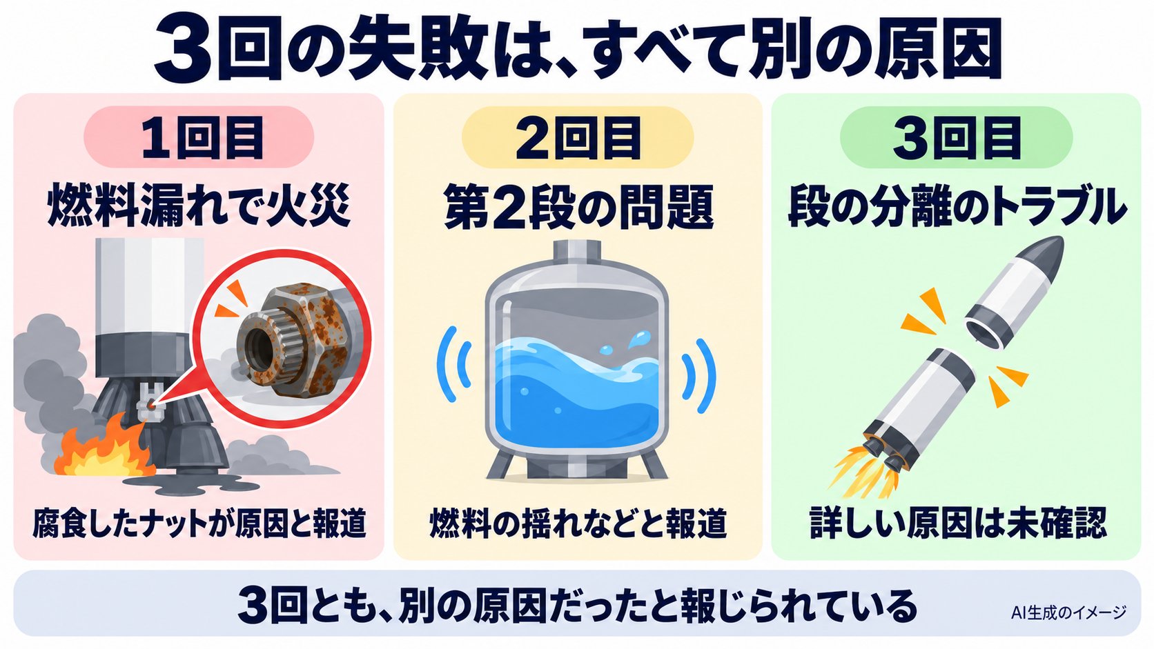 3回の失敗の原因。1回目は燃料漏れによる火災、2回目は第2段の問題、3回目は第1段と第2段の分離のトラブル。3回とも別の原因だったと報じられている