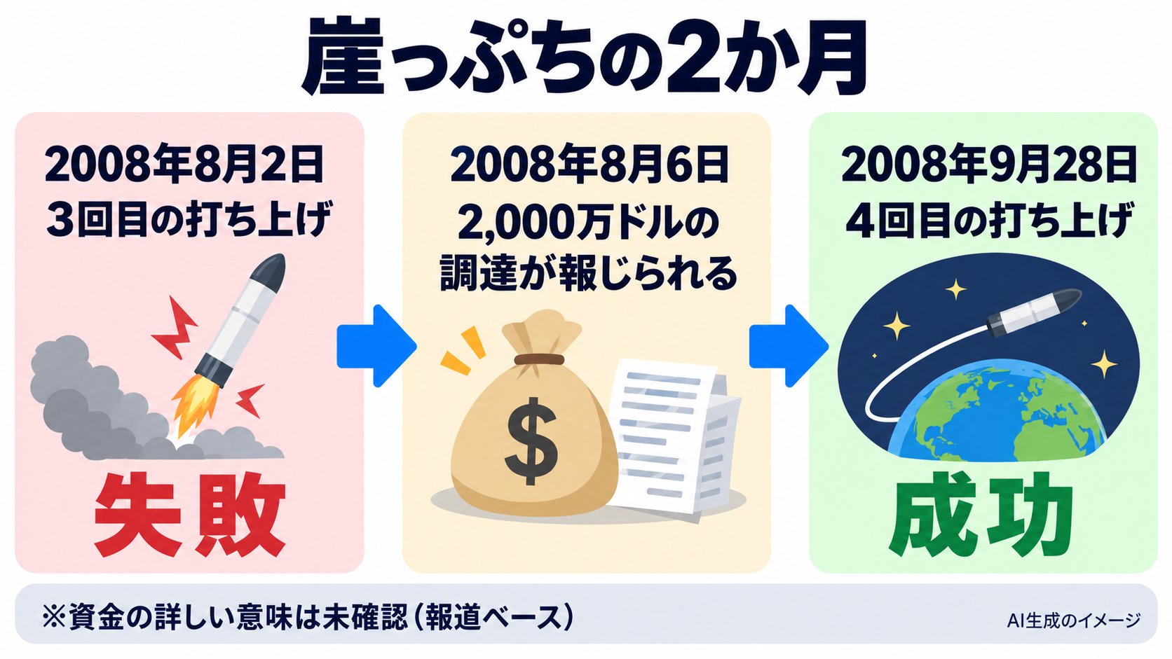 3回目の失敗から4回目の成功までの流れ。2008年8月2日、3回目の打ち上げに失敗。8月6日、2000万ドルの資金調達が報じられる。9月28日、4回目の打ち上げで成功