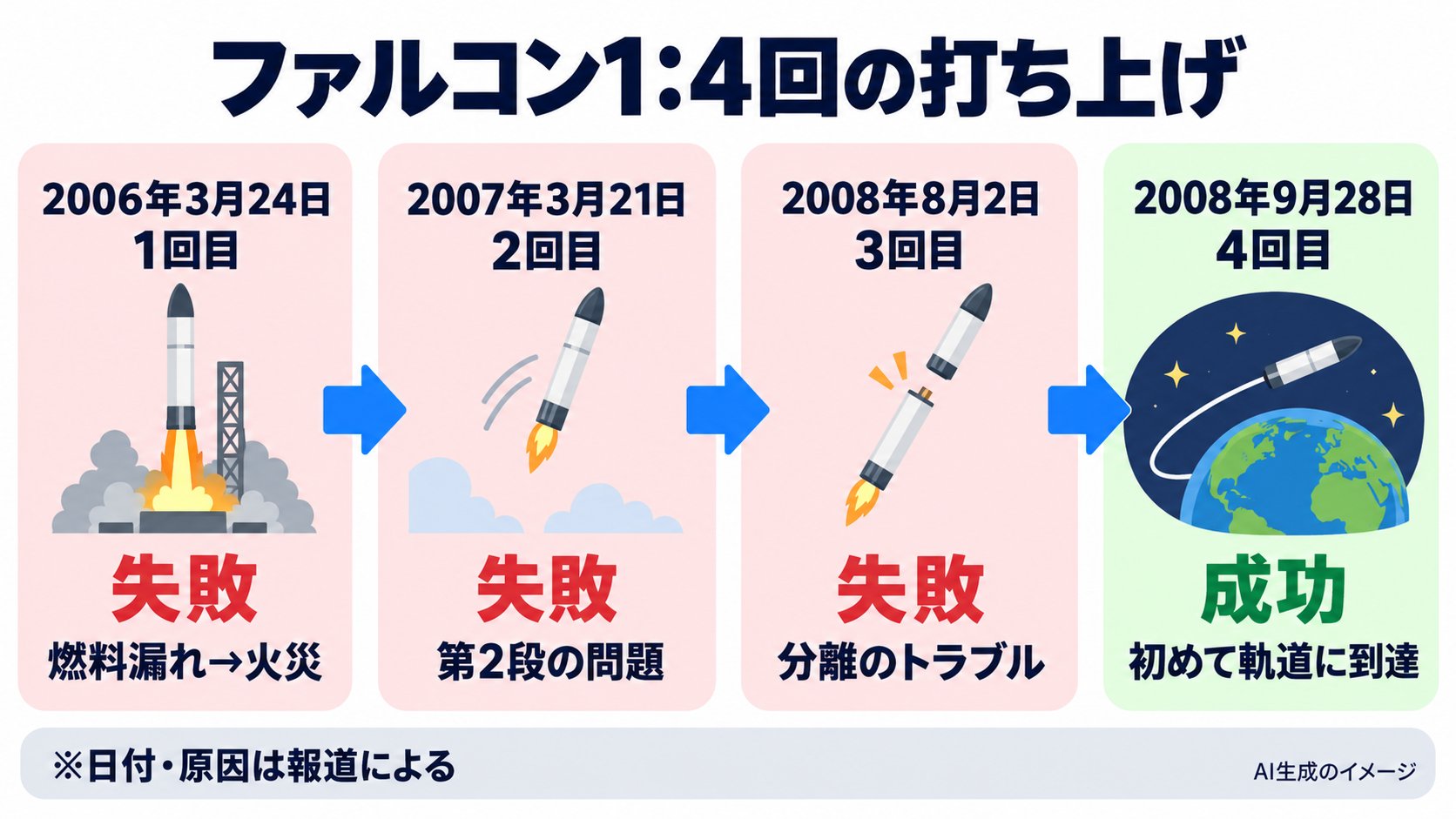 ファルコン1の4回の打ち上げ。2006年3月24日失敗、2007年3月21日失敗、2008年8月2日失敗、2008年9月28日成功