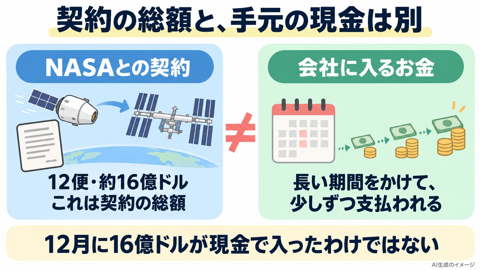 契約総額と現金の違い。NASAの契約は12便で約16億ドルの契約総額。2008年12月に16億ドルの現金が入ったわけではなく、長い期間をかけて支払われる