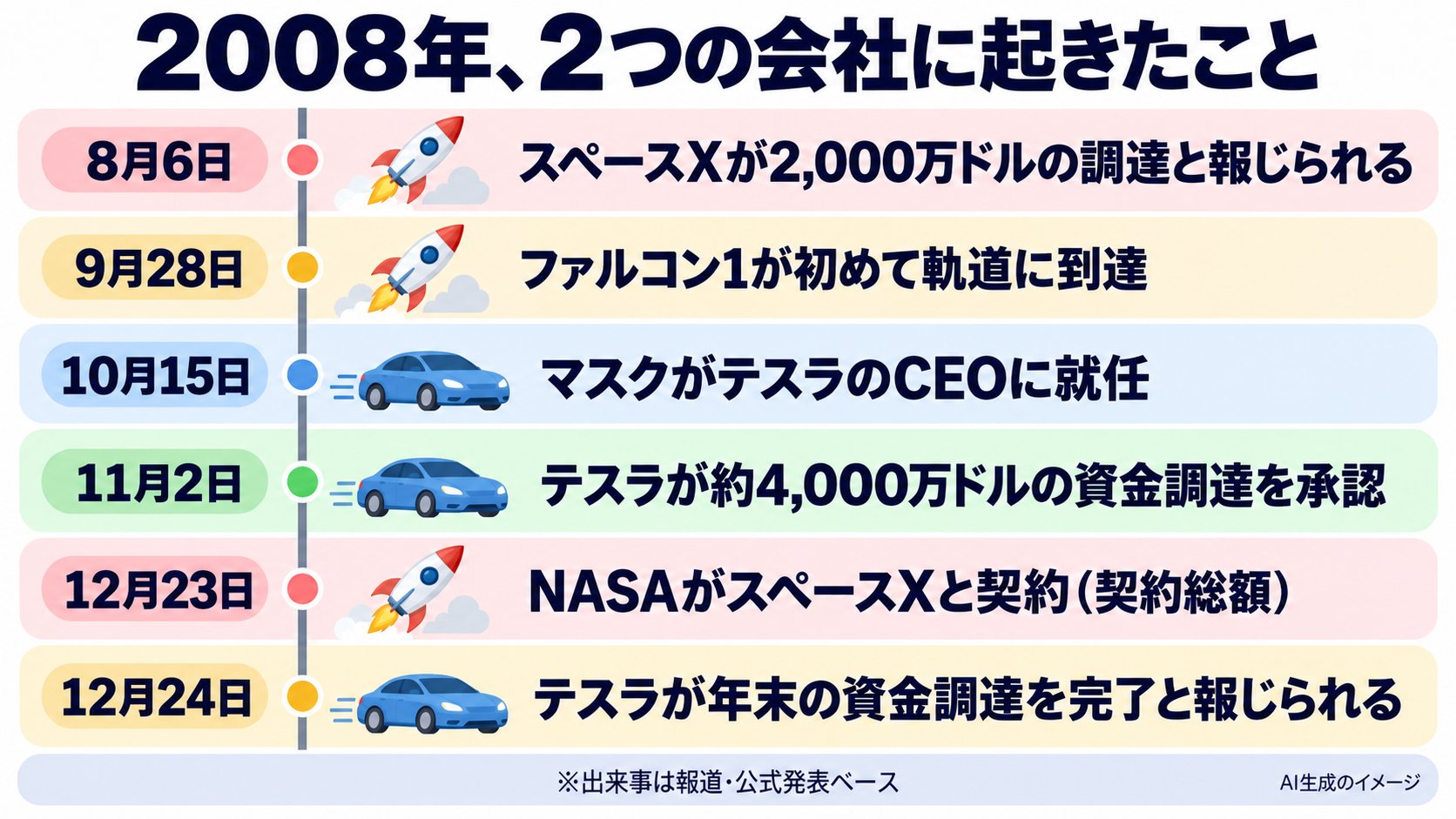 2008年の重要な日付。8月6日スペースXが2000万ドルの調達と報じられる。9月28日ファルコン1が軌道に到達。10月15日マスクがテスラのCEOに就任。11月2日テスラの4000万ドルの資金調達を承認。12月23日NASAがスペースXと契約。12月24日テスラが年末の資金調達を完了