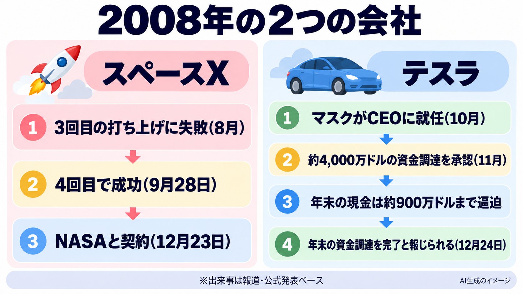 2008年の2つの会社。スペースXは3回目の失敗、4回目の成功、NASAとの契約。テスラは10月にマスクがCEOに就任して量産を延期、11月に資金調達を承認、年末の現金が約900万ドルまで逼迫、12月24日に資金調達を完了