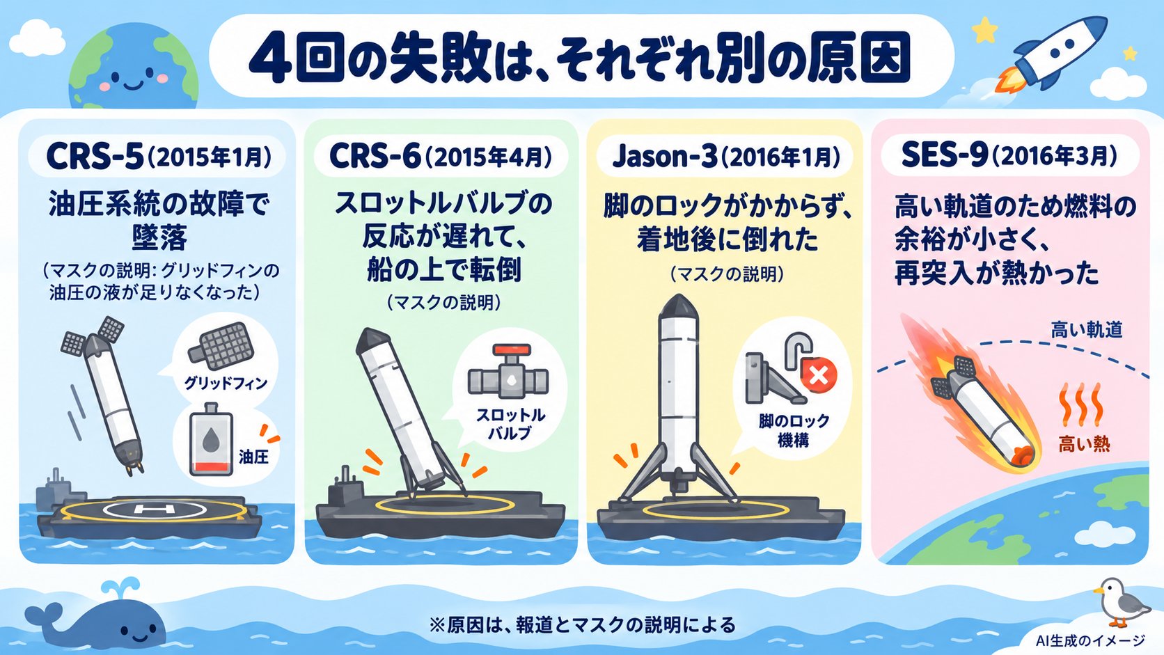 着陸の失敗4回。CRS-5は油圧、CRS-6はスロットルバルブの反応が遅れた、Jason-3は脚のロックがかからなかった、SES-9は高い軌道のため再突入が熱く燃料の余裕が小さかった