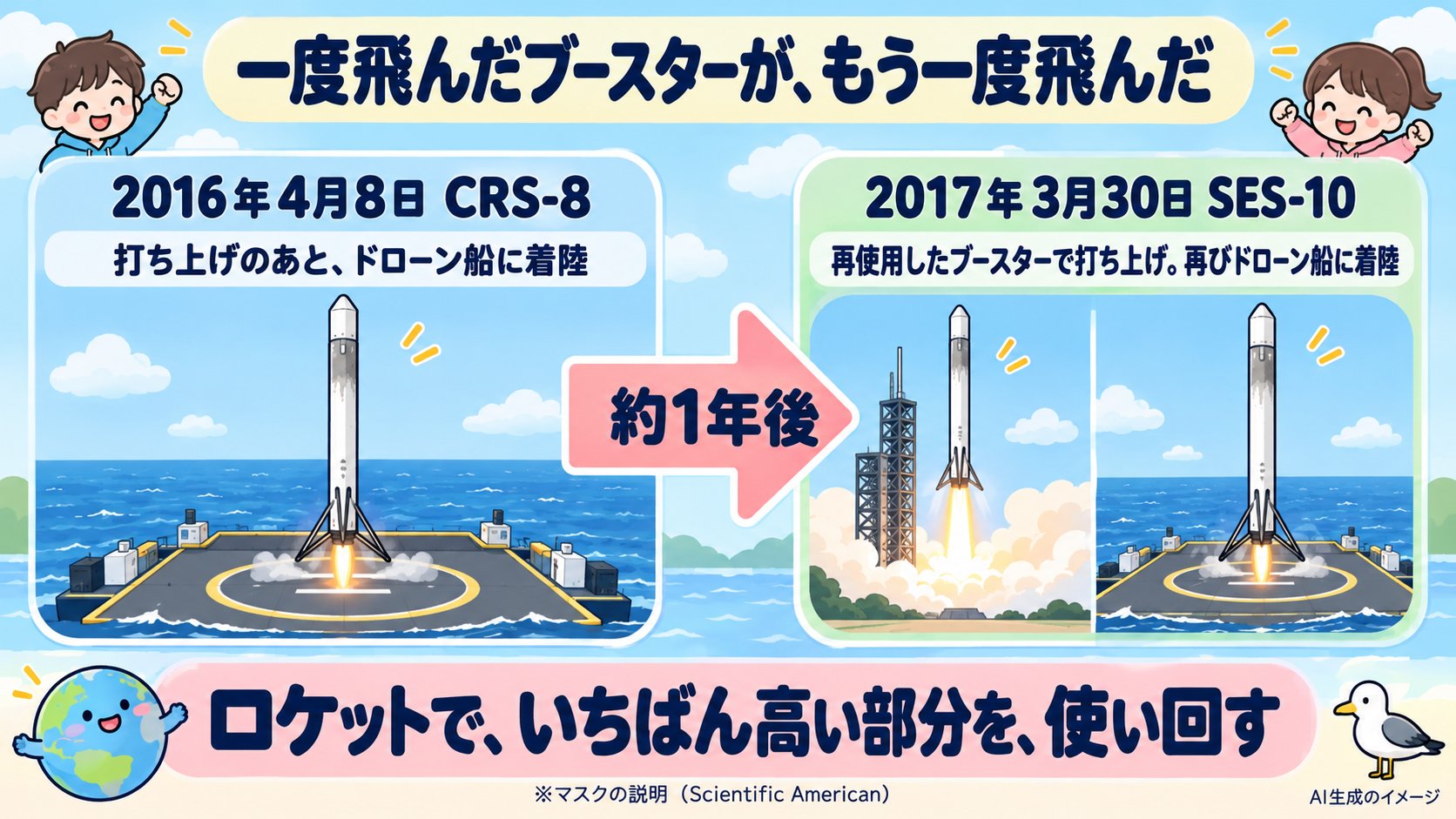 再使用の初飛行。2016年4月8日にCRS-8で飛んでドローン船に着陸したブースターが、2017年3月30日にSES-10を打ち上げ、再びドローン船に着陸した