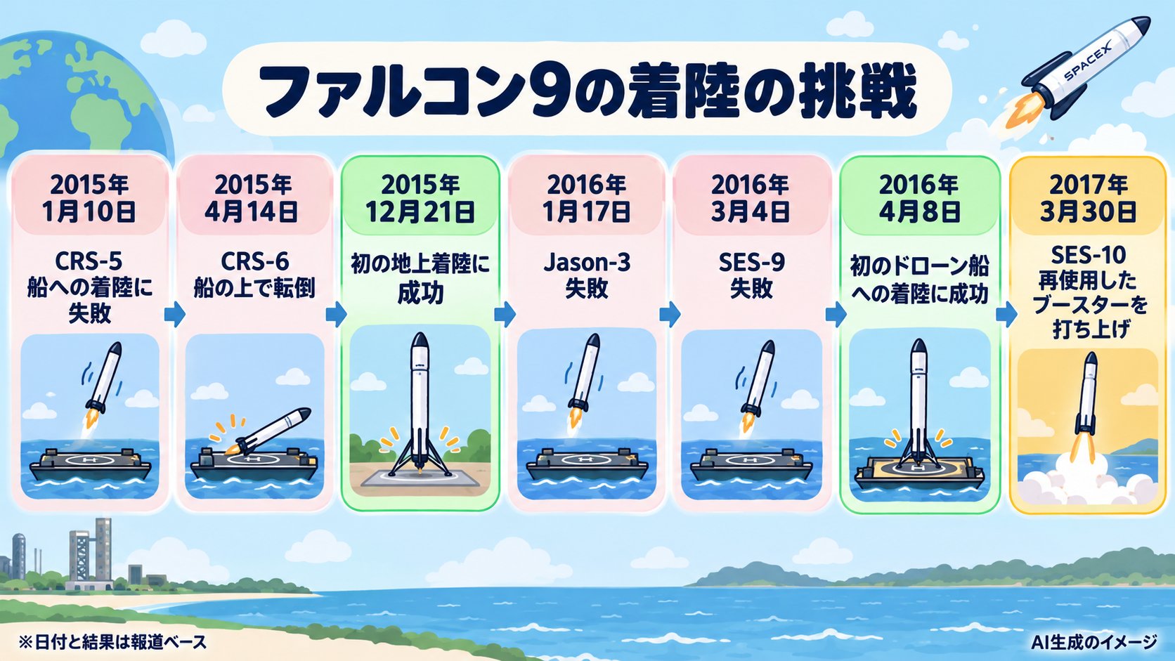ファルコン9の着陸と再使用の年表。2015年1月10日CRS-5、4月14日CRS-6、2016年1月17日Jason-3、3月4日SES-9はドローン船への着陸に失敗。2015年12月21日に初の地上着陸に成功。2016年4月8日に初のドローン船への着陸に成功。2017年3月30日、再使用したブースターを打ち上げ