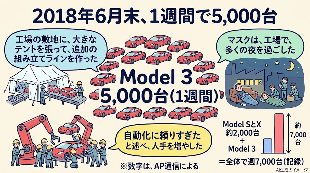 週5,000台の達成。2018年6月末の1週間でModel 3を5,000台生産。追加ラインとしてテントを設置、人手を増やした。Model SとXは約2,000台、全体で週7,000台