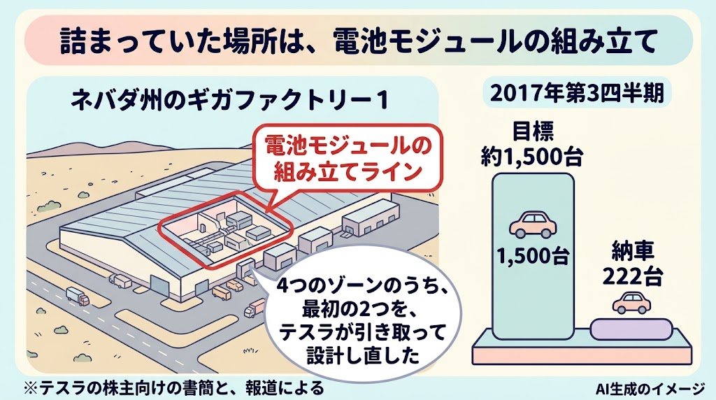 生産が詰まった場所。ギガファクトリー1の電池モジュールの組み立てラインが最大の制約。2017年第3四半期の納車222台に対し、目標は約1,500台