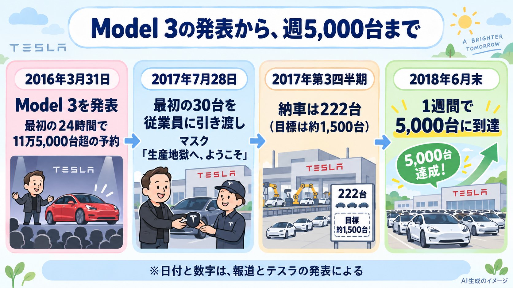 Model 3の生産の年表。2016年3月31日に発表、24時間で11万5,000台超の予約。2017年7月28日に最初の30台を引き渡し、マスクが生産地獄と発言。2017年第3四半期の納車は222台。2018年6月末の1週間で5,000台に到達