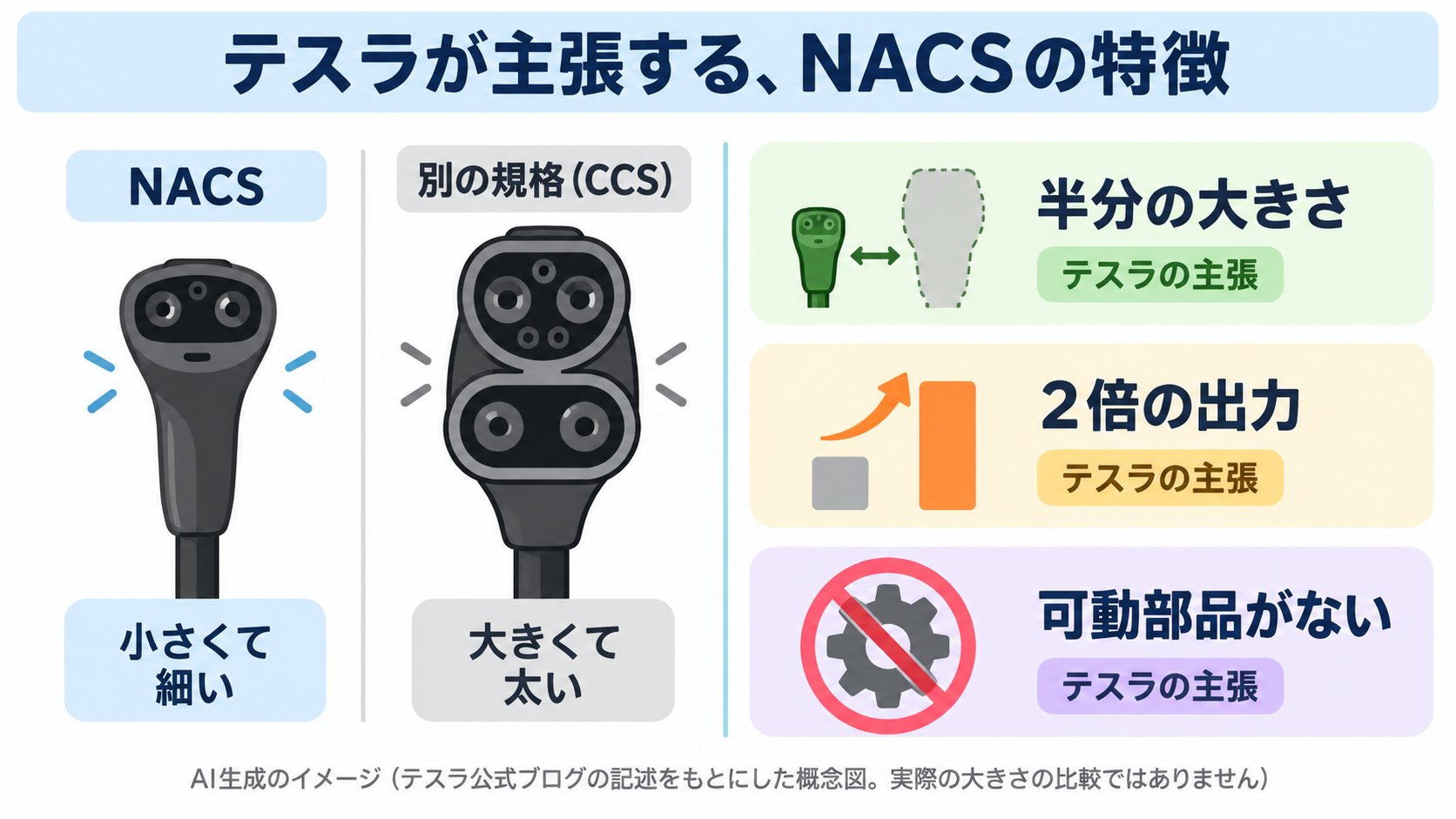 NACSとCCSの違いのイメージ。テスラの主張では、NACSは、より小さく、1つのコネクターで交流と直流に対応する(AI生成のイメージ。テスラの公式ブログの記述をもとにした概念図)