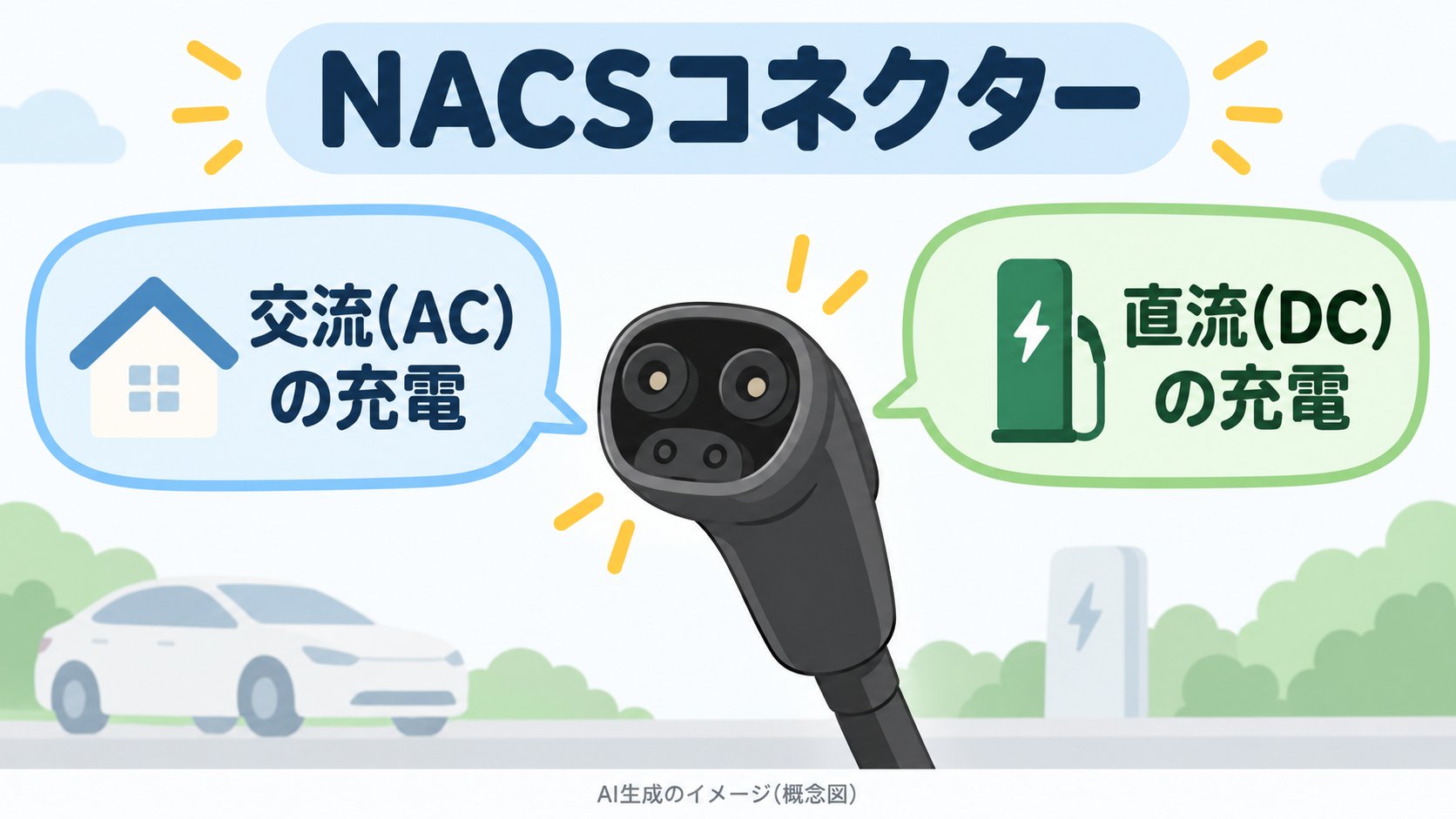 NACSコネクターのイメージ。1つの細いコネクターで、交流(AC)と直流(DC)の充電ができる(AI生成のイメージ。概念図)
