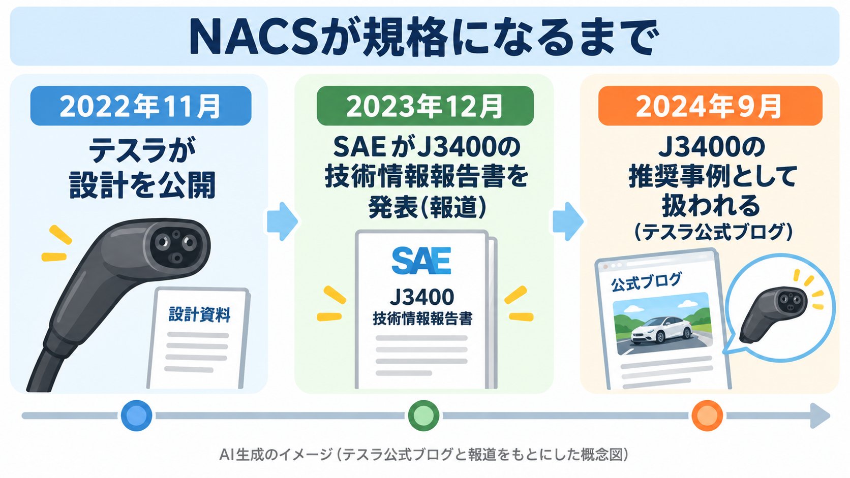 NACSが規格になるまでの流れ。2022年11月に設計を公開、2023年12月にSAEがJ3400の技術情報報告書を発表、2024年9月にJ3400の推奨事例として扱われる(AI生成のイメージ。テスラ公式ブログと報道をもとにした概念図)
