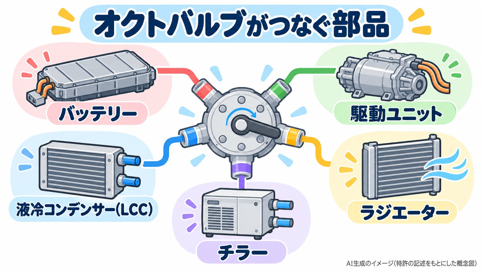 オクトバルブでつなぐ部品。バッテリー、駆動ユニット、液冷コンデンサー、ラジエーター、チラー(AI生成のイメージ。特許の記述をもとにした概念図)
