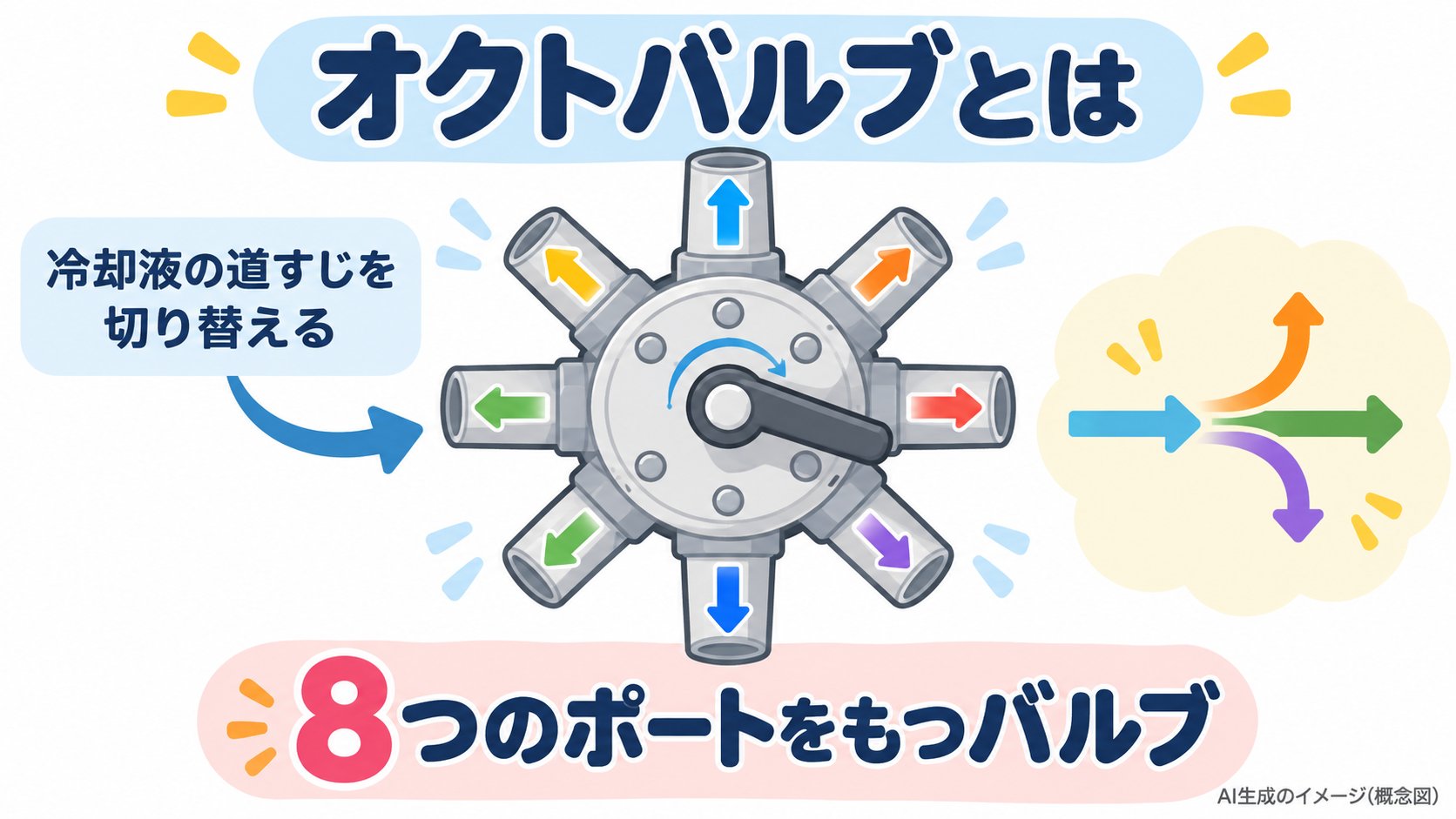 オクトバルブのイメージ。8つのポートをもつバルブが、バッテリー、駆動ユニット、ラジエーター、チラーなどの冷却液の道すじを、切り替えてつなぐ(AI生成のイメージ。概念図)