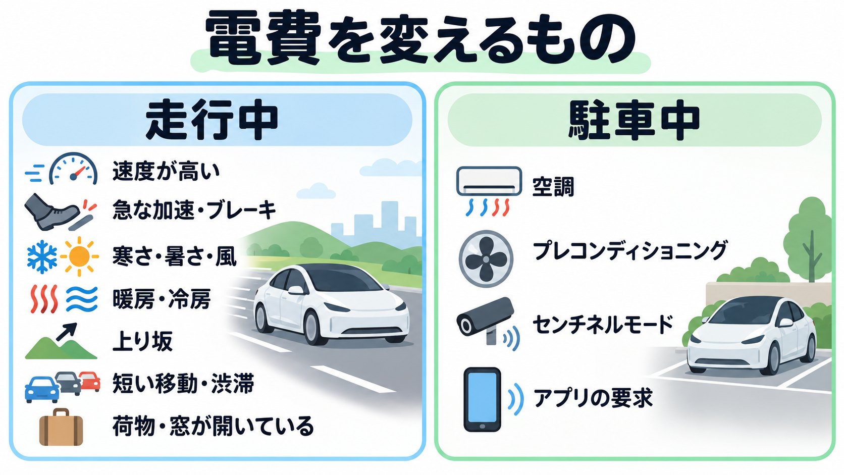 走行中と駐車中に、電費を変えるもののイメージ(AI生成のイメージ。取扱説明書の記述をもとにした概念図)