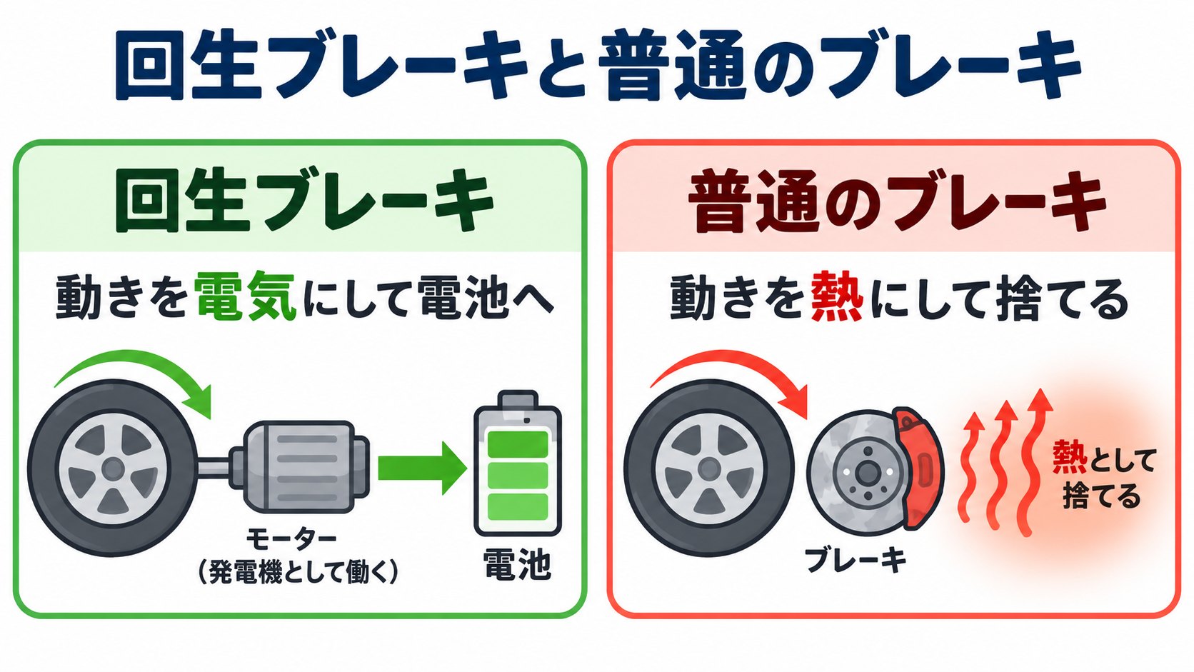 回生ブレーキと普通のブレーキの違いのイメージ。回生は電気に戻し、普通のブレーキは熱にする(AI生成のイメージ。概念図)