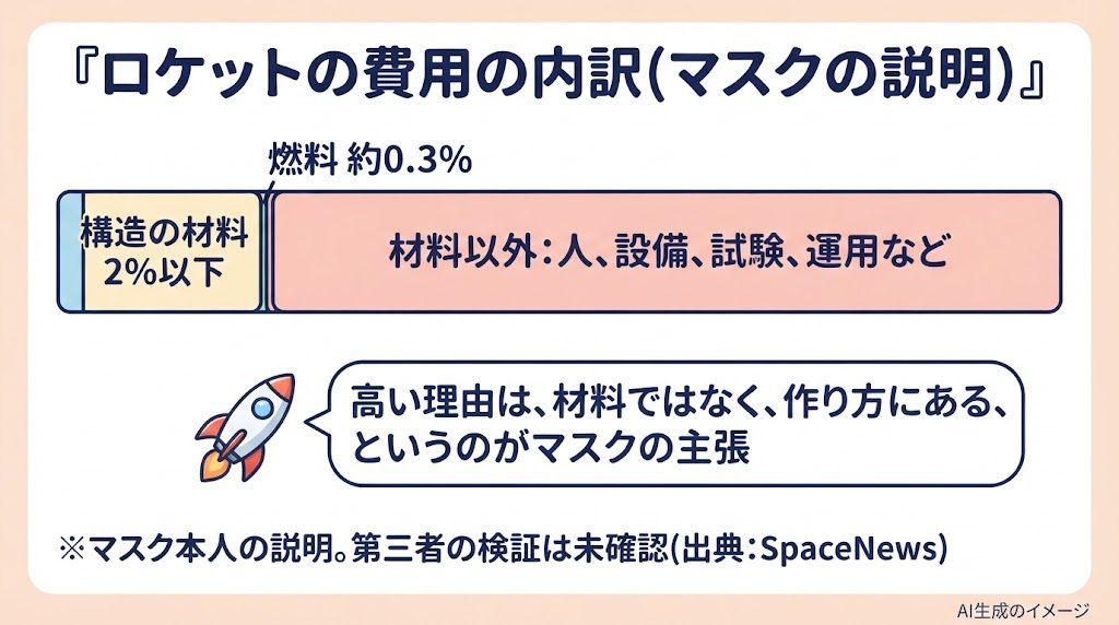 ロケットの費用の内訳(マスクの説明)。構造の材料は2%以下、燃料は約0.3%、残りの約98%は材料以外(人、設備、試験、運用など)