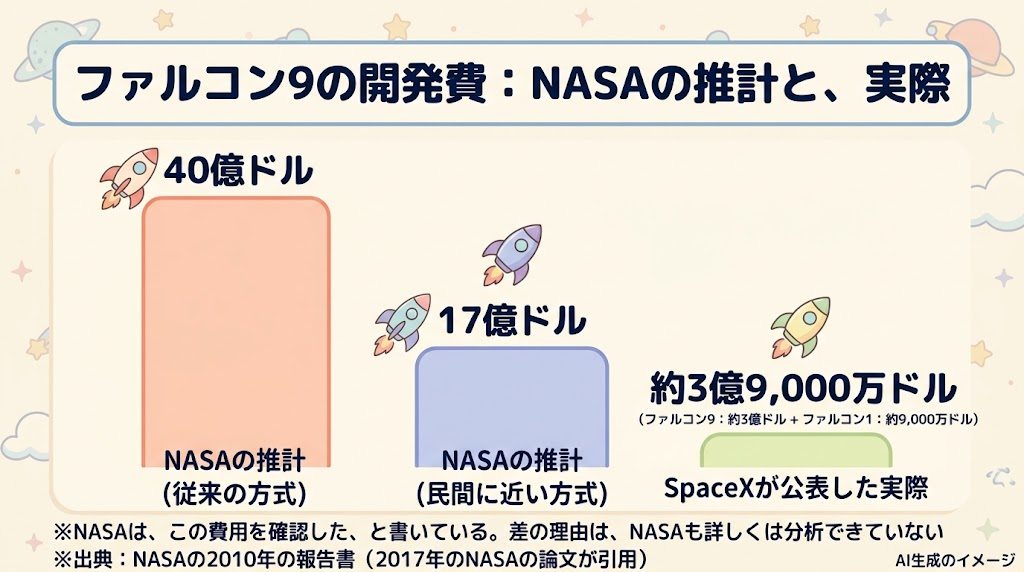ファルコン9の開発費。NASAの推計は、従来の方式で40億ドル、民間に近い方式で17億ドル。SpaceXが公表した実際は約3億9,000万ドル(ファルコン9が約3億ドル、ファルコン1が約9,000万ドル)