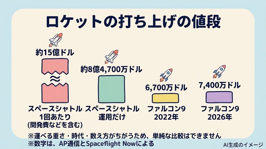 ロケットの値段の比較。スペースシャトルは1回あたり約15億ドル(開発費などを含む)、運用だけで約8億4,700万ドル。ファルコン9の標準価格は2022年6,700万ドル、2025年7,000万ドル、2026年7,400万ドル