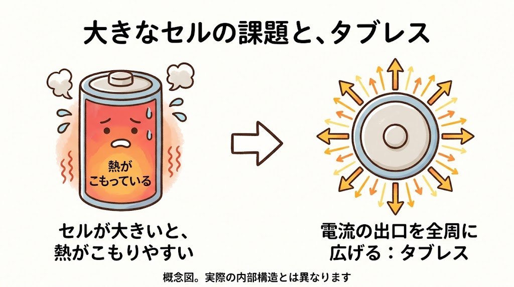 大きなセルの課題と、タブレスの役割。セルが大きくなると熱がこもりやすい。電流の出口を全周に広げるタブレス構造で、この課題に対応する(AI生成のイメージ。概念図)