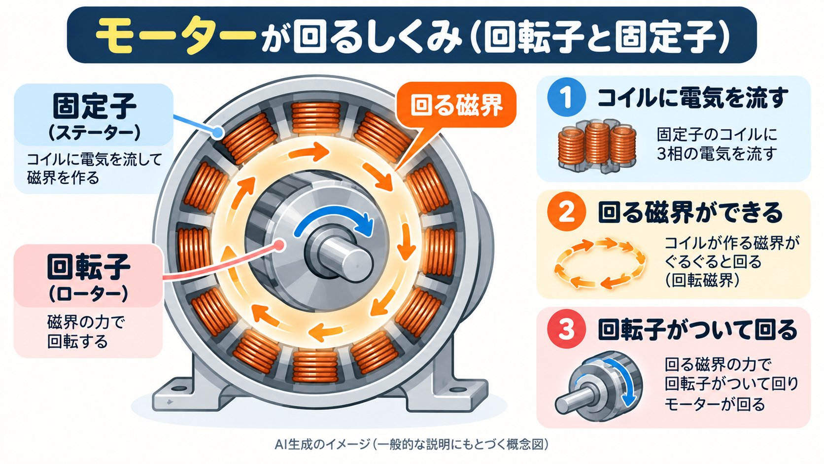 モーターの中。外側の固定子が回る磁界を作り、内側の回転子が回る(AI生成のイメージ。一般的な説明にもとづく概念図)