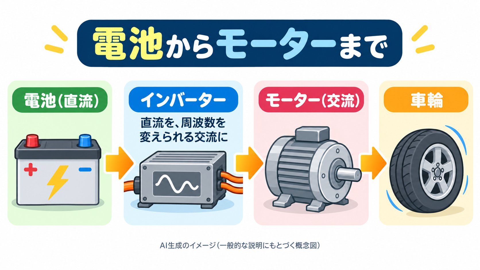 電池の直流を、インバーターで交流に変えて、モーターを回す流れ(AI生成のイメージ。一般的な説明にもとづく概念図)