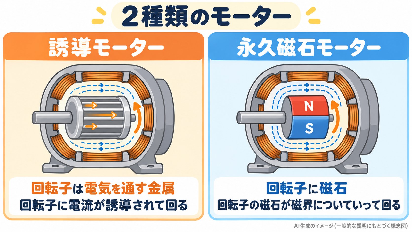 2種類のモーターの比較。誘導モーターは、回転子に電流が誘導されて回る。永久磁石モーターは、回転子の磁石で回る(AI生成のイメージ。概念図)