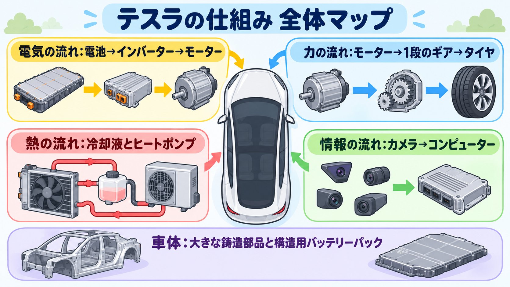 テスラの仕組みの全体マップ。電気の流れ(電池→インバーター→モーター)、力の流れ(モーター→ギア→タイヤ)、熱の流れ(冷却液とヒートポンプ)、情報の流れ(カメラ→コンピューター)の4つと、それを乗せる車体(AI生成のイメージ)