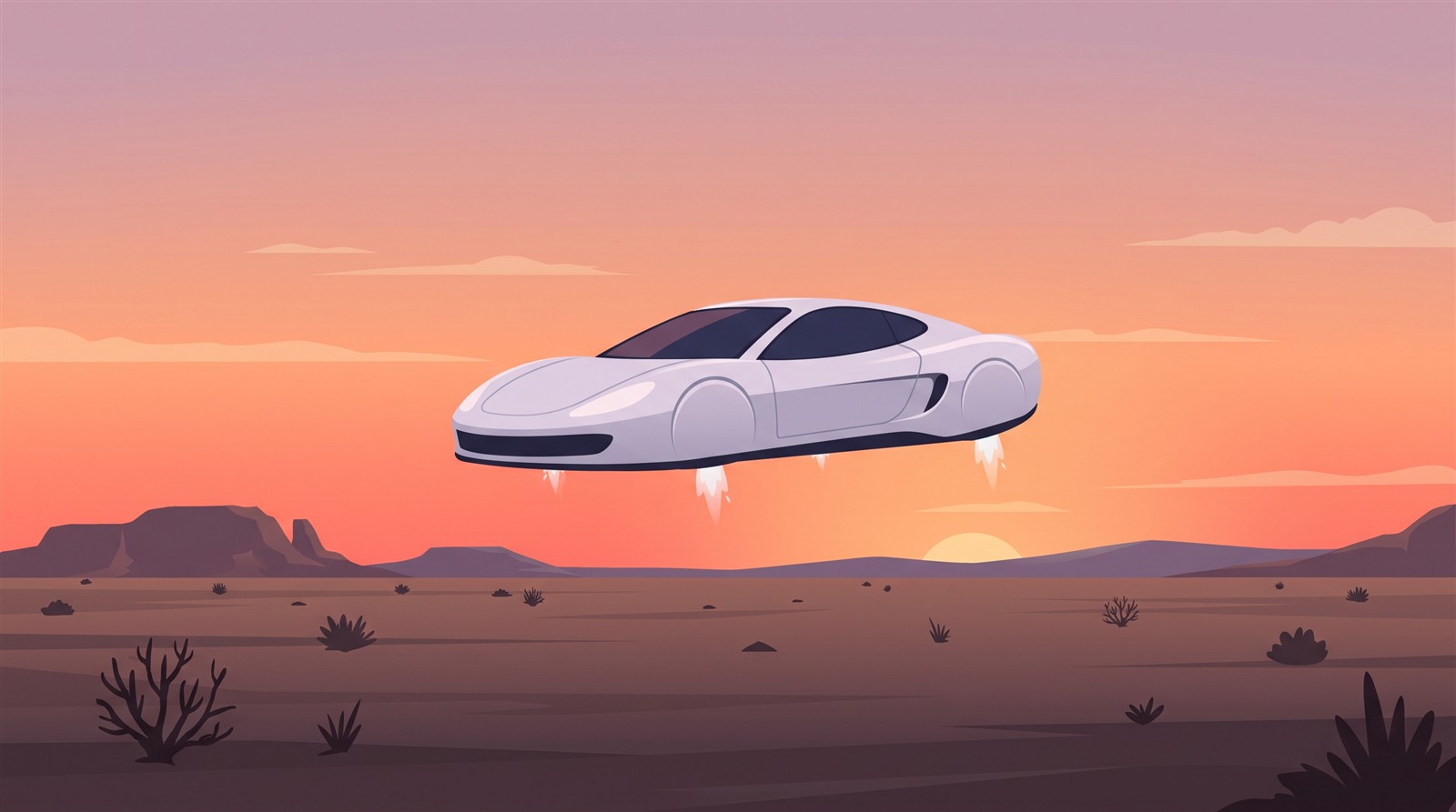 AI生成のイメージ:噴射を出しながら夕暮れの荒野の上に浮かぶ白いスポーツカー(概念図で、実際の機体とは異なります)