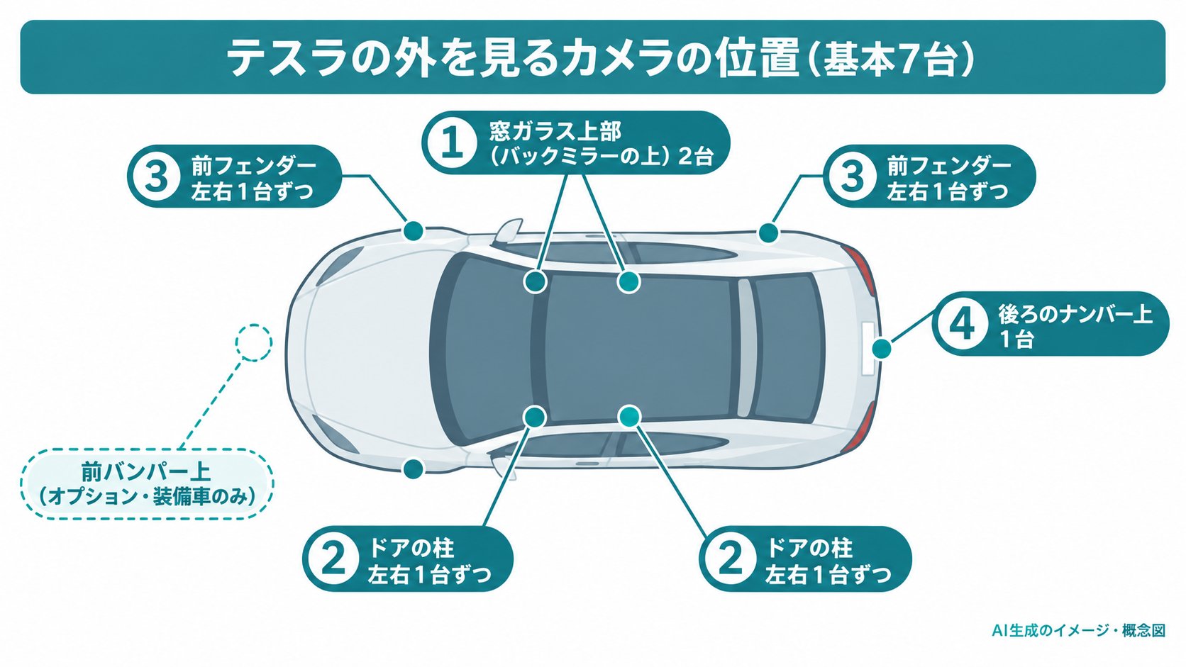 テスラの車に付いているカメラの位置のイメージ。窓ガラス上部に2台、ドアの柱に左右1台ずつ、前フェンダーに左右1台ずつ、後ろのナンバー上に1台(AI生成のイメージ。取扱説明書の記述をもとにした概念図)