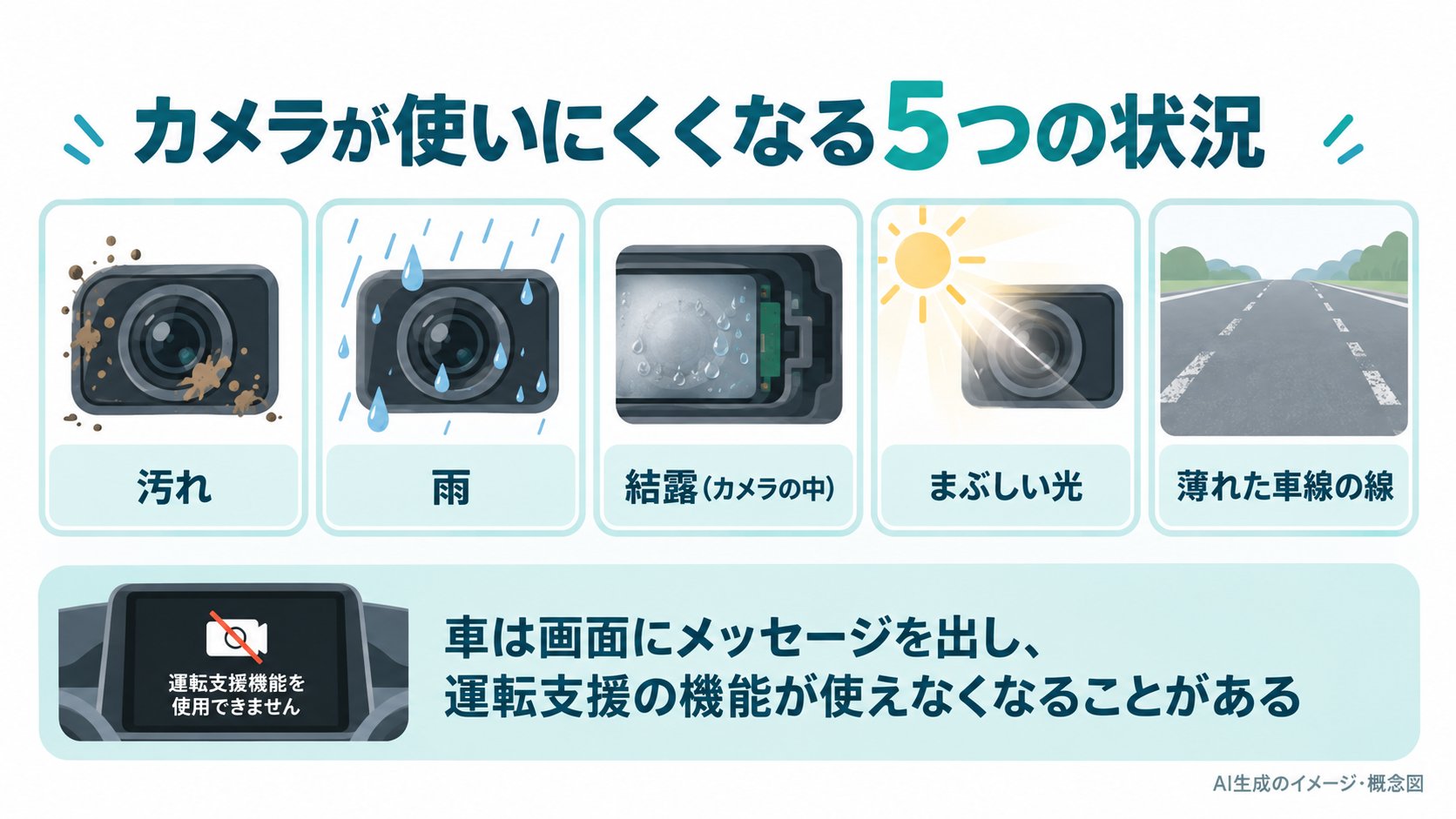 カメラが使いにくくなる状況のイメージ。汚れ、雨、結露、まぶしい光、薄れた車線。このとき、車は画面にメッセージを出して、運転支援の機能が使えなくなることがある(AI生成のイメージ。取扱説明書の記述をもとにした概念図)