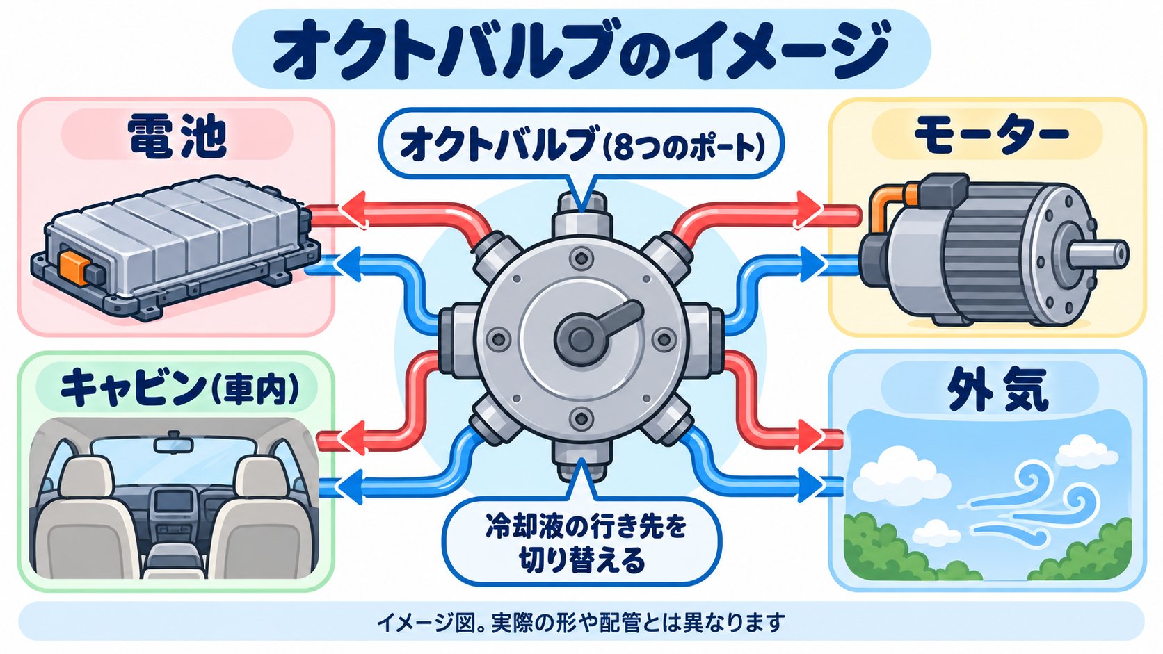 オクトバルブのイメージ。1つのバルブが、電池、モーター、キャビン、外気の間で、冷却液の行き先を切り替える。特許では8つのポート、5つのループ(論文による)