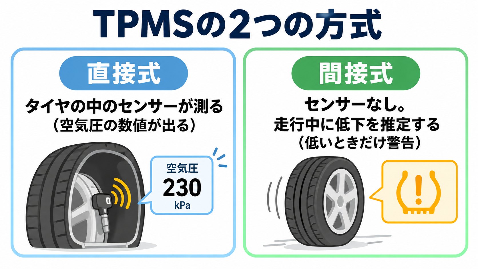TPMSの2つの方式のイメージ。直接式はタイヤのセンサーで測り、間接式は低下を推定する(AI生成のイメージ。概念図で、実際のセンサーの形や位置とは異なります)