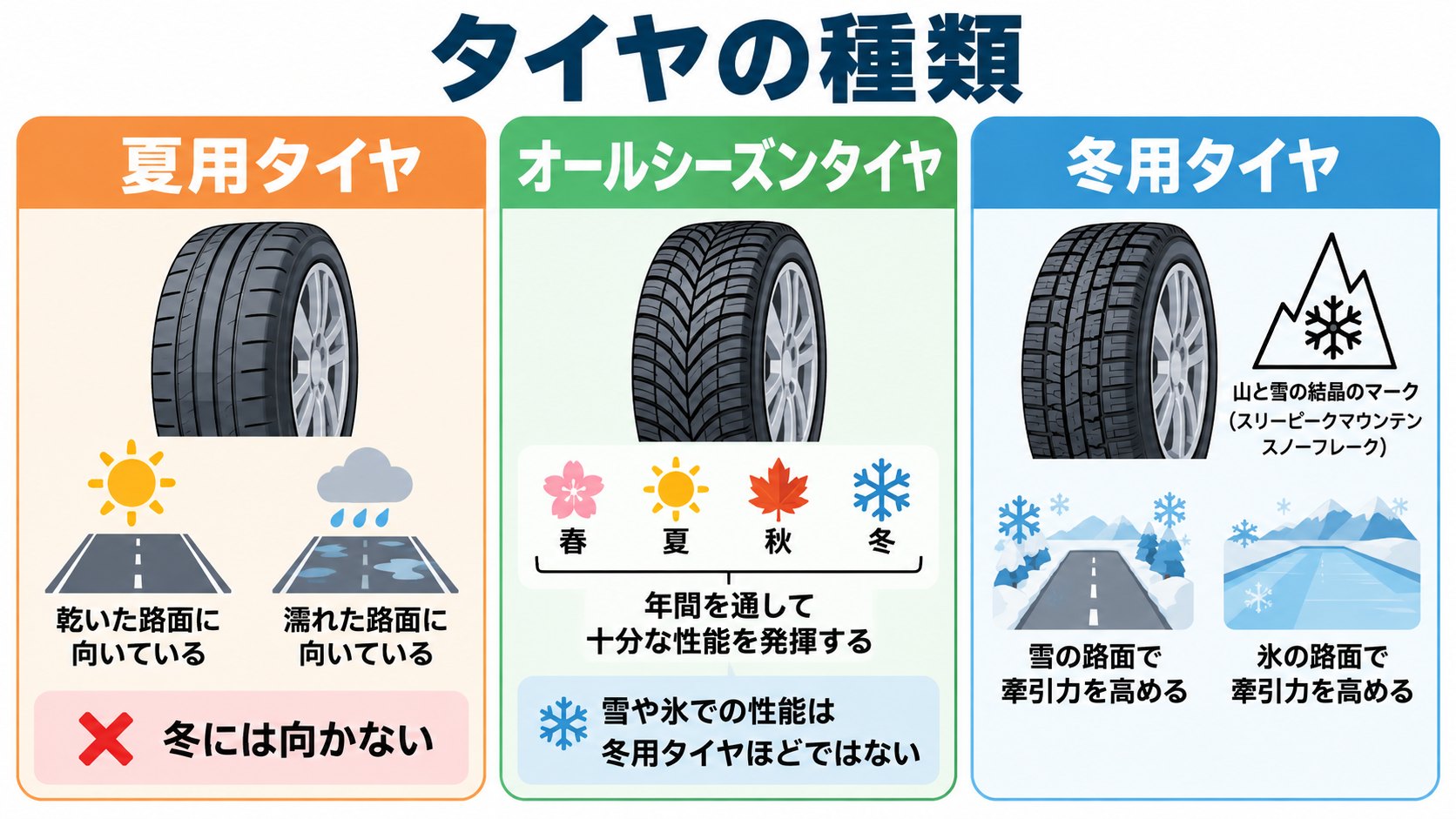 タイヤの種類のイメージ。夏用、オールシーズン、冬用(AI生成のイメージ。概念図で、実際のタイヤの形とは異なります)